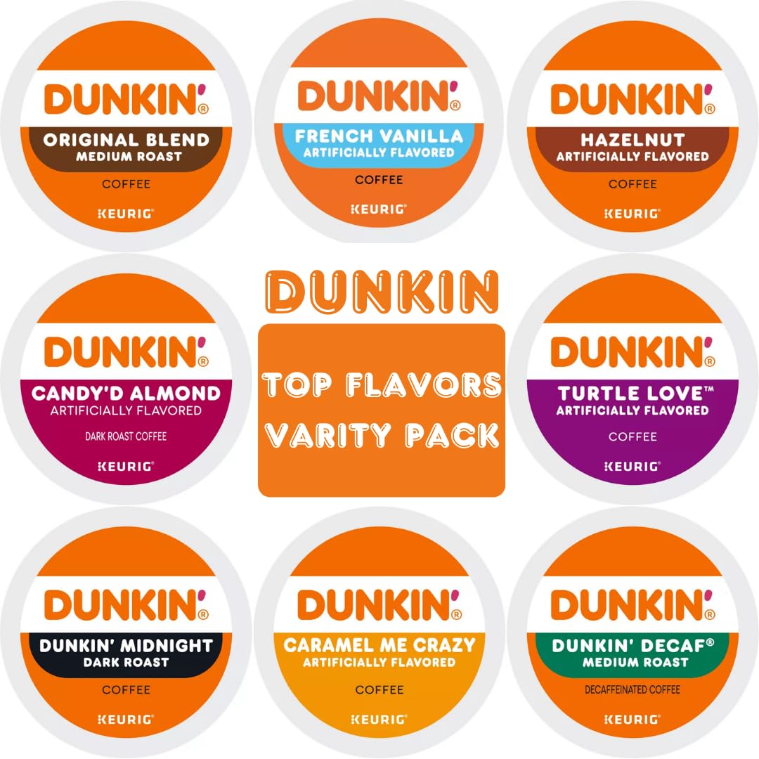 Dunkin K-cups Variety Pack Sampler Includes Original, French Vanilla, Hazelnut, Turtle Love, Candy'd Almond, Caramel Me Crazy, M
