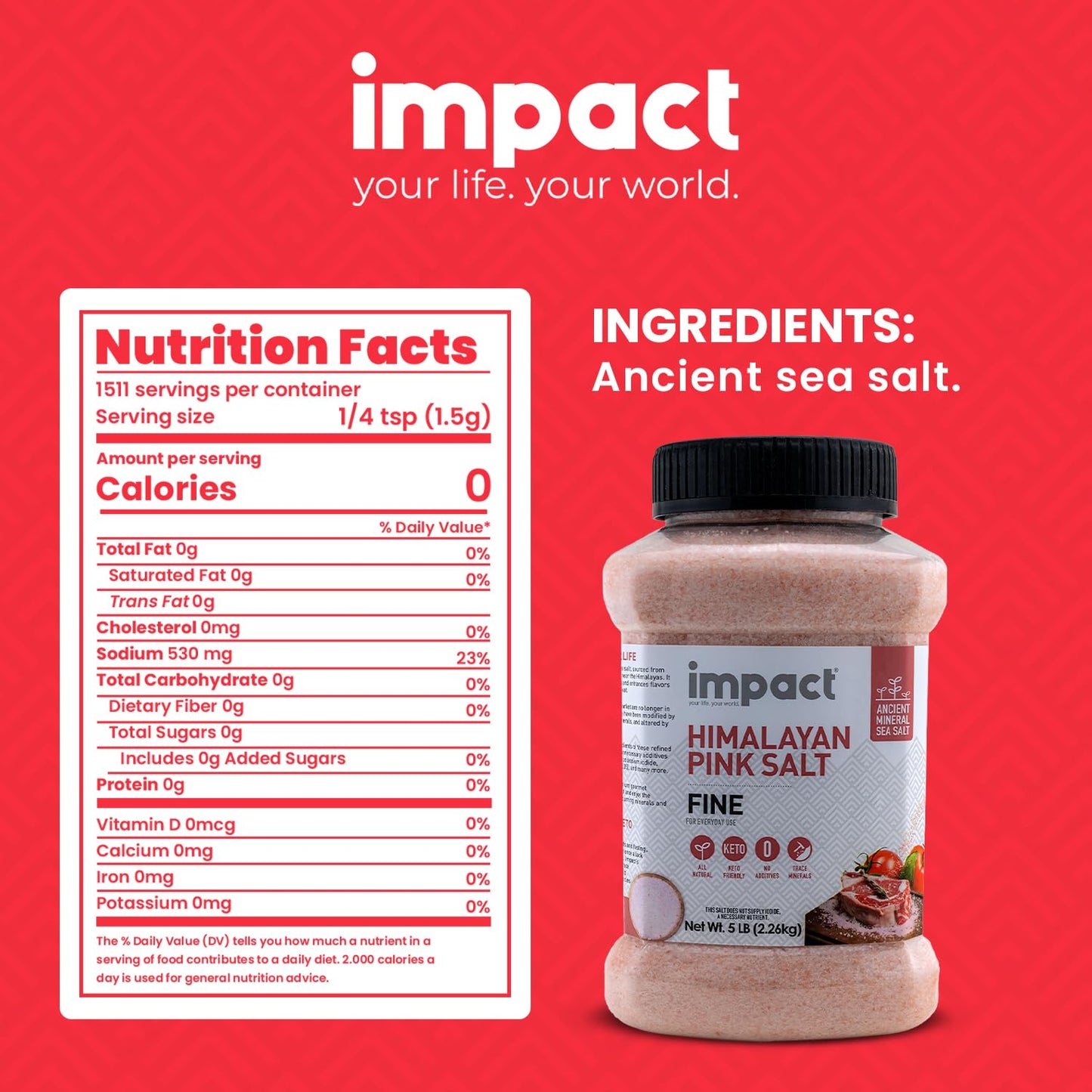 Impact Himalayan Pink Sea Salt - No Additives, Non-GMO, Gluten-Free - 5lb Jar (80 Ounce)