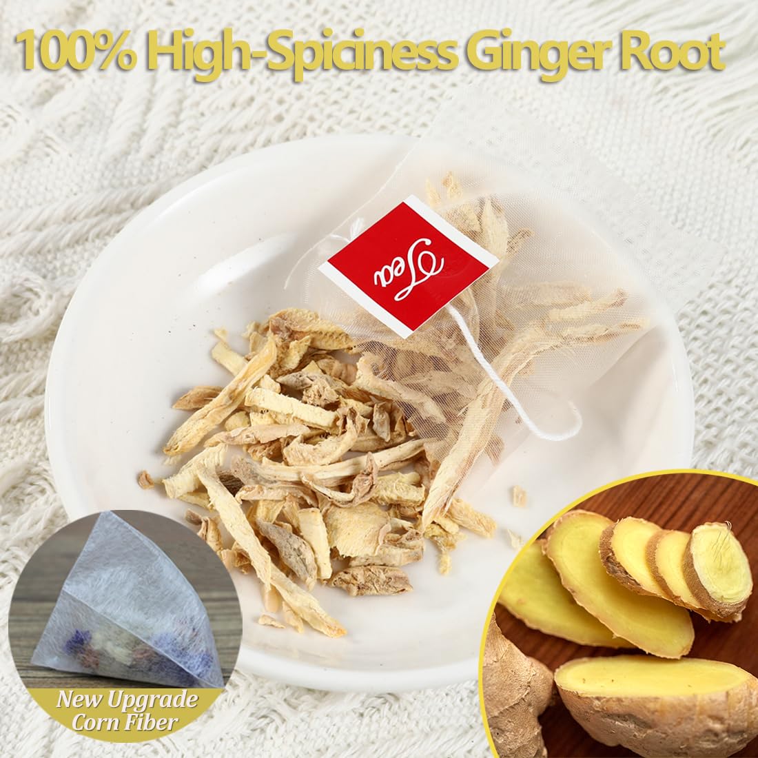 ULTHMOK Premium Ginger Tea Bags, 100 Count, Caffeine Free, 100% Ginger Root, Supports Digestion and Immunity