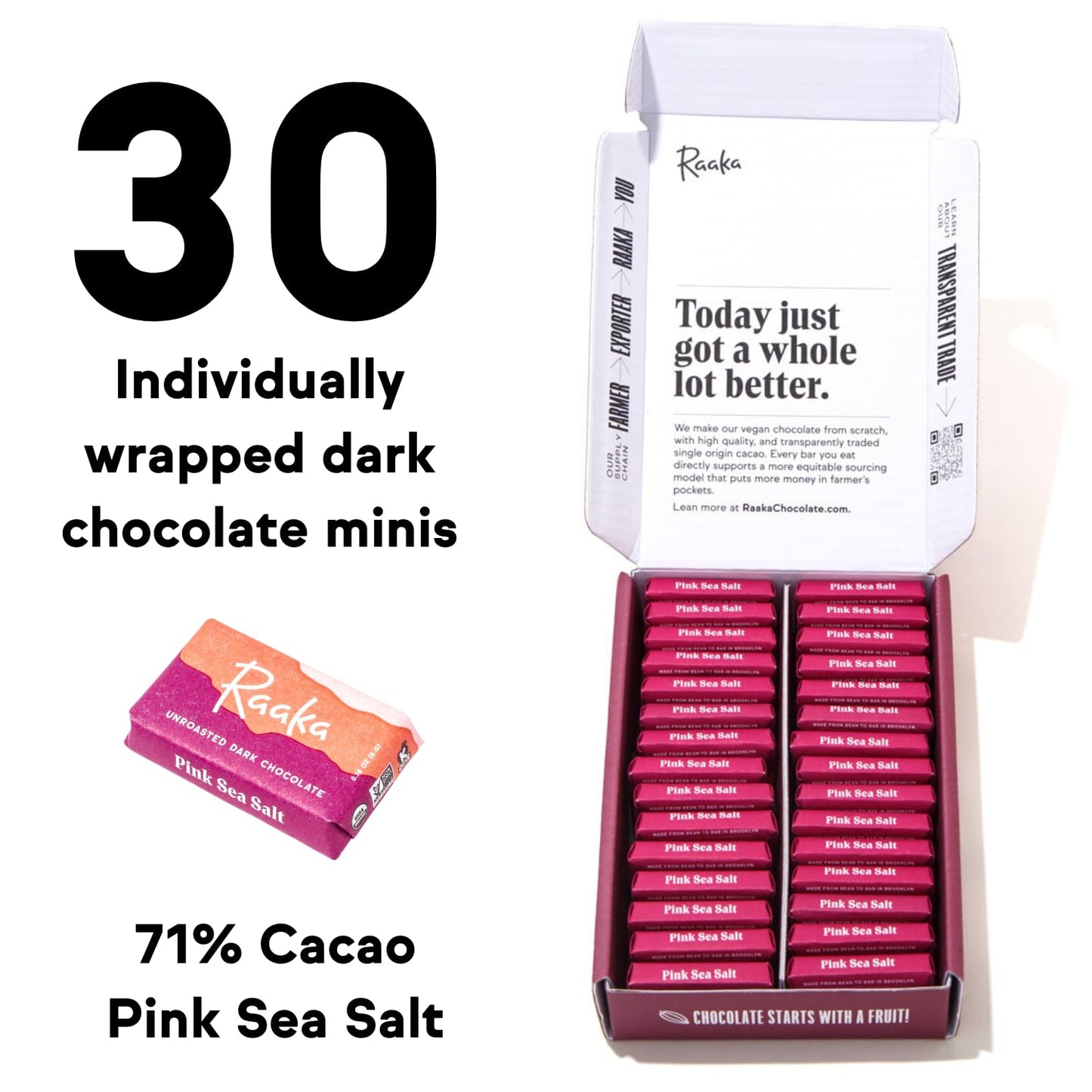 Raaka Pink Sea Salt Chocolate Gift Box | 71% Cacao Dark Chocolate | Organic, Vegan, Gluten Free | Box of 30 Individually Wrapped