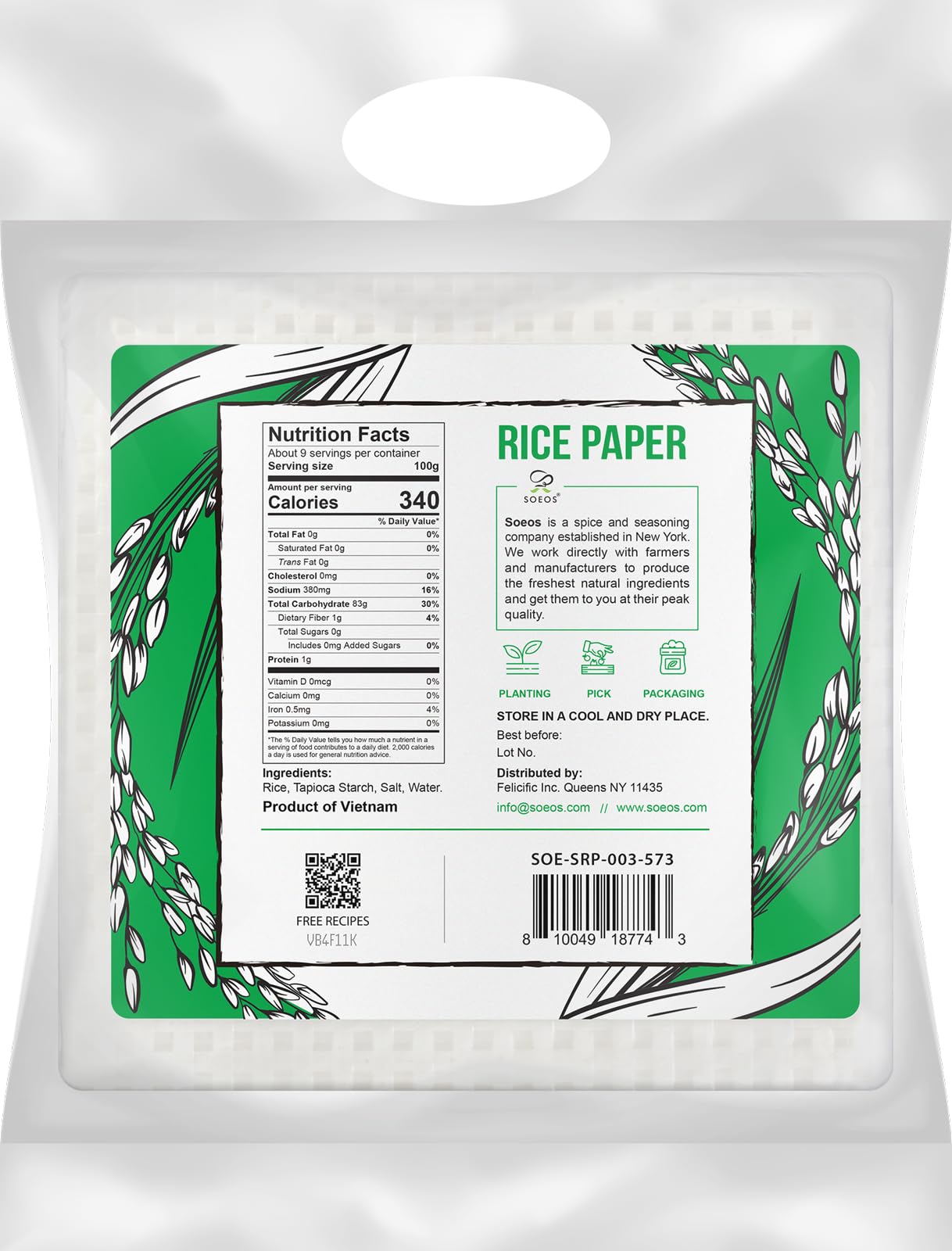 Soeos Rice Paper, White Rice Paper Wrappers, 3 Pack, 102 Sheets-Fresh Spring Roll Wrappers & Dumplings, Non-Gmo, Gluten-Free, Lo
