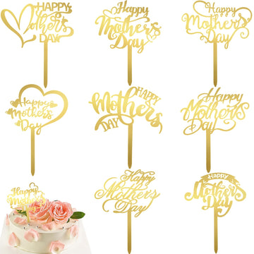 DIYASY 9 Pcs Happy Mothers Day Cake Topper, Acrylic Cake Toppers Double-Sided Glitter Cupcake Picks Decoration for Best Mom Part