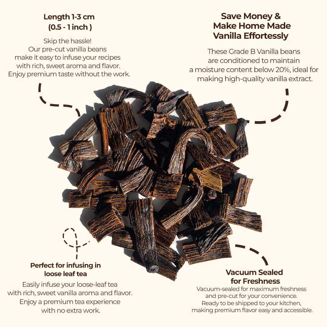 Akshit Bulk Vanilla Beans Grade B - 1 Lb Premium Cuts for Extract, Baking & Cooking - Non-GMO