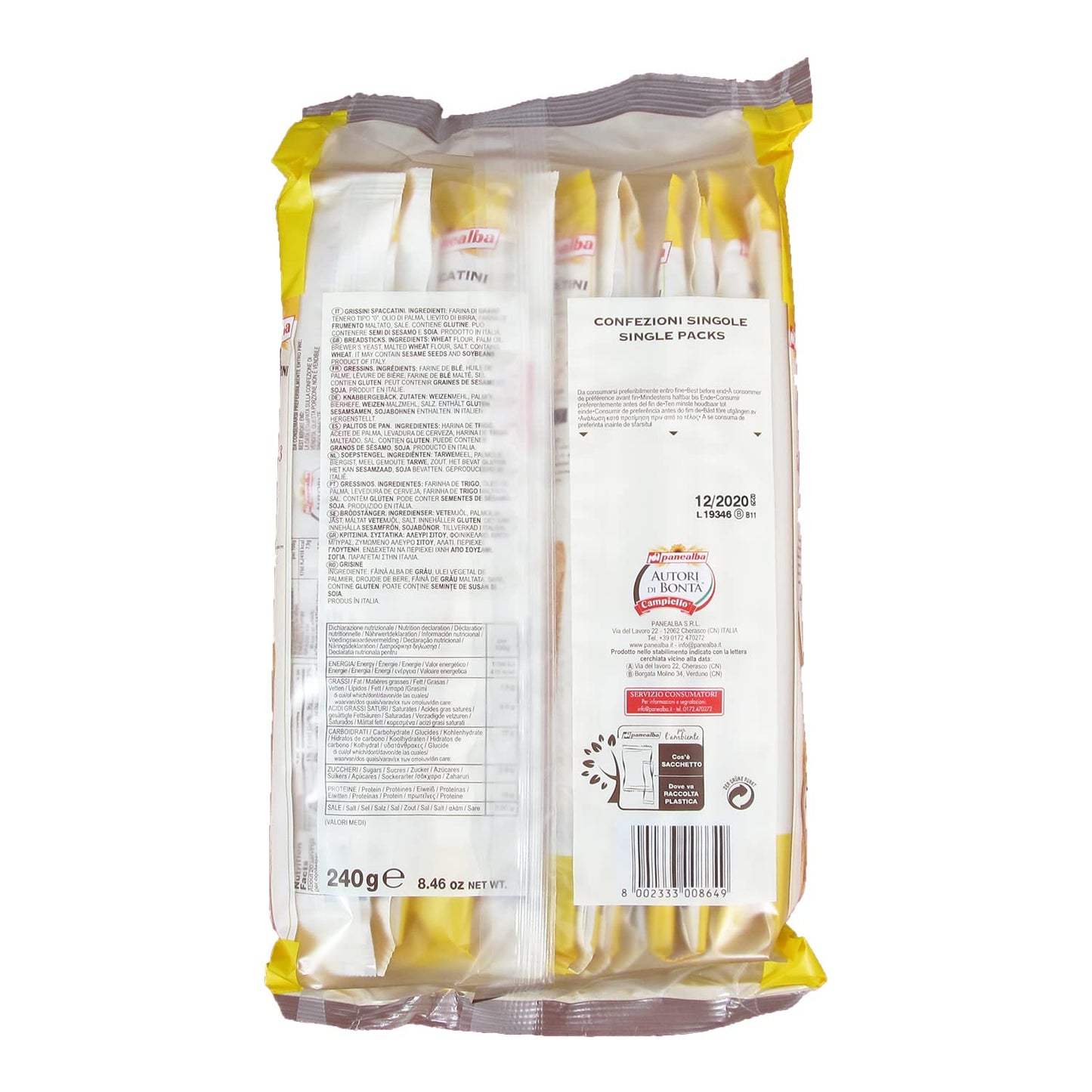 Panealba Thin Grissini Breadsticks | 16 Bags Case | Each Bag Contains 20 Packets | Each Packet Contains 4 Grissini | Imported fr