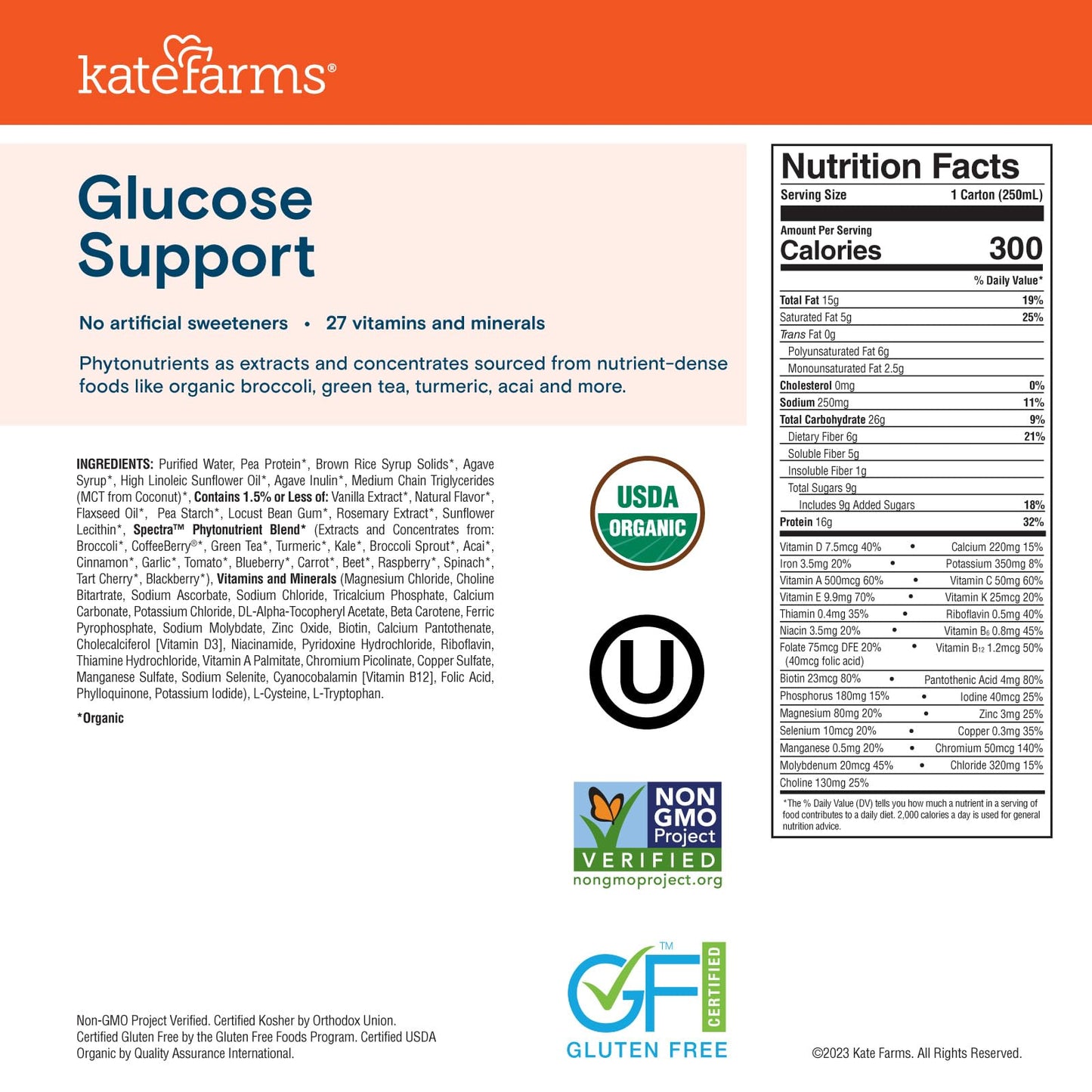 KATE FARMS Organic 1.2 Glucose Support Shake, Vanilla, 16g Protein, 27 Vitamins and Minerals, Diabetic Nutrition Meal Replacemen