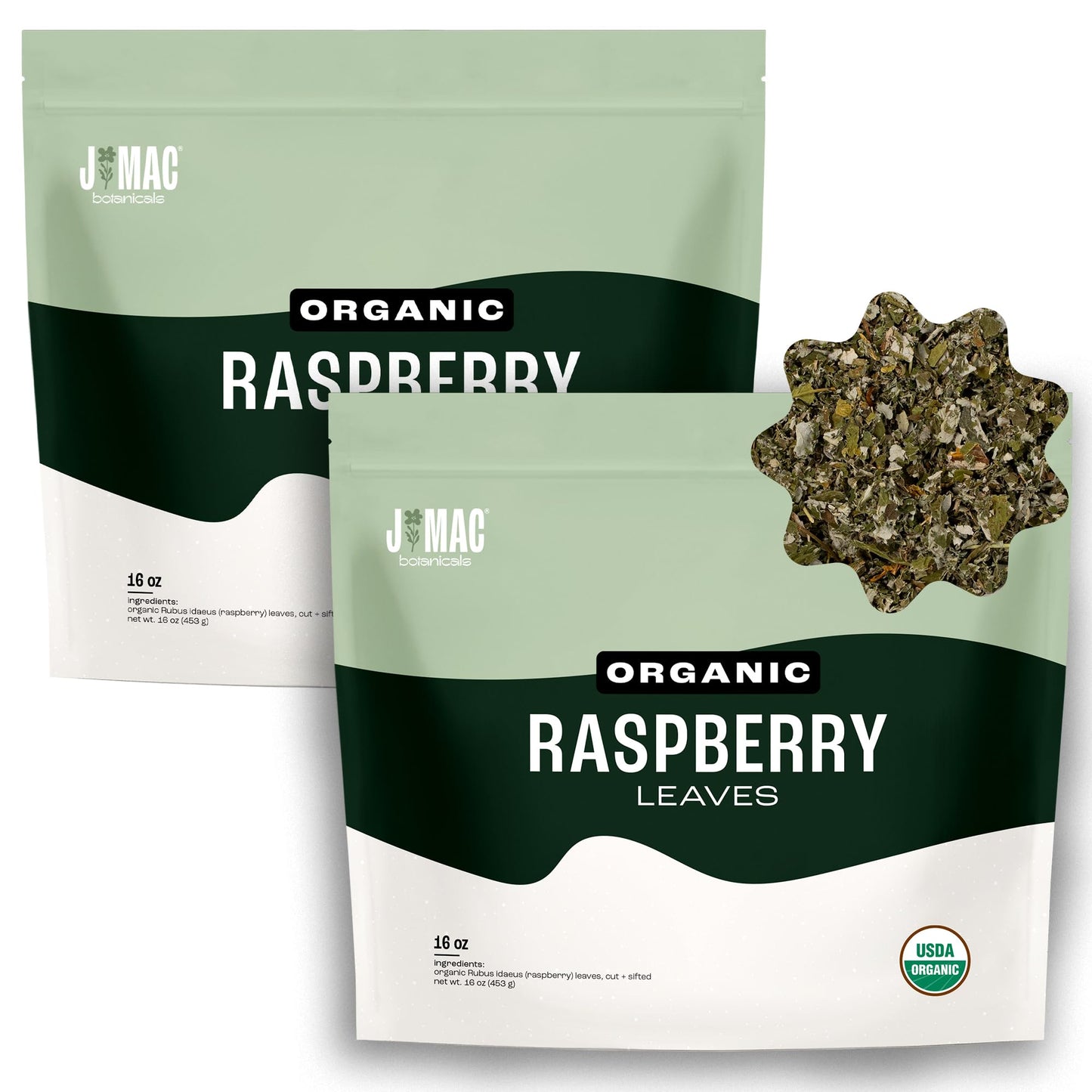 J Mac Botanicals  Organic Red Raspberry Leaf  Herbal Tea (16 Ounce Bag 200+ Cups) Cut & Sifted Dried Leaf  Pack Of 2