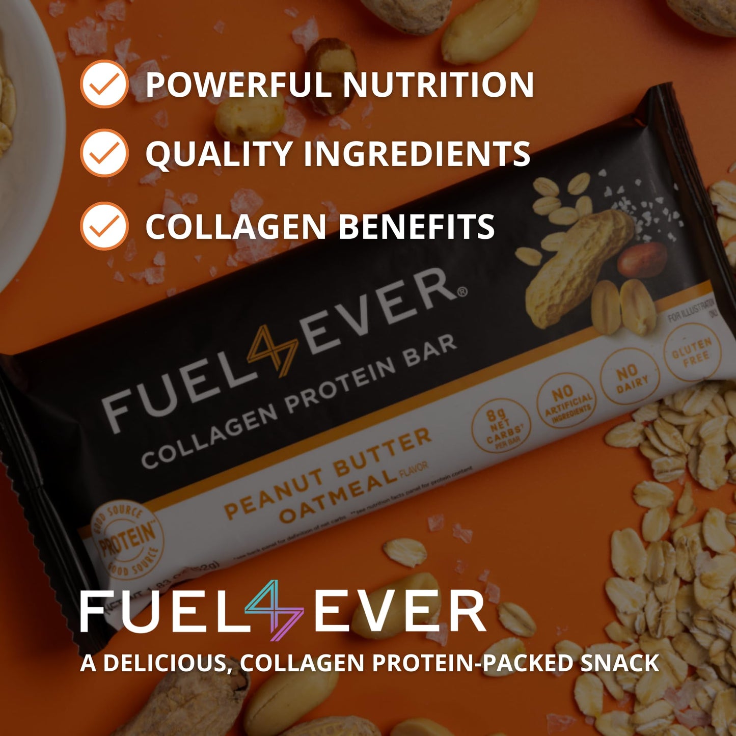 Fuel 4 Ever Peanut Butter Oatmeal Collagen Protein Bars, 14g Protein, MCT Oil, No Artificial Ingredients, Low Carb, High Fiber S