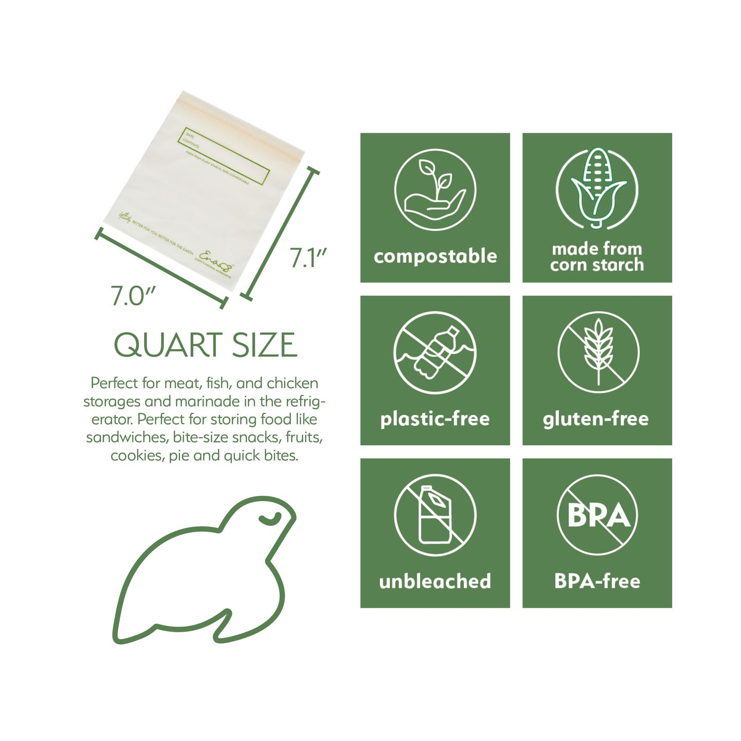100% Compostable Food Storage Bags [Quart 100 Pack] Eco-Friendly Freezer Bags, Resealable Bags, Heavy-Duty, Biodegradable, Reusa