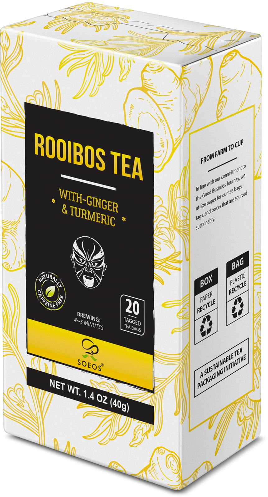 Soeos Ginger and Turmeric Tea, Caffeine Free Rooibos, 20 Teabags, 1.4oz (40g)