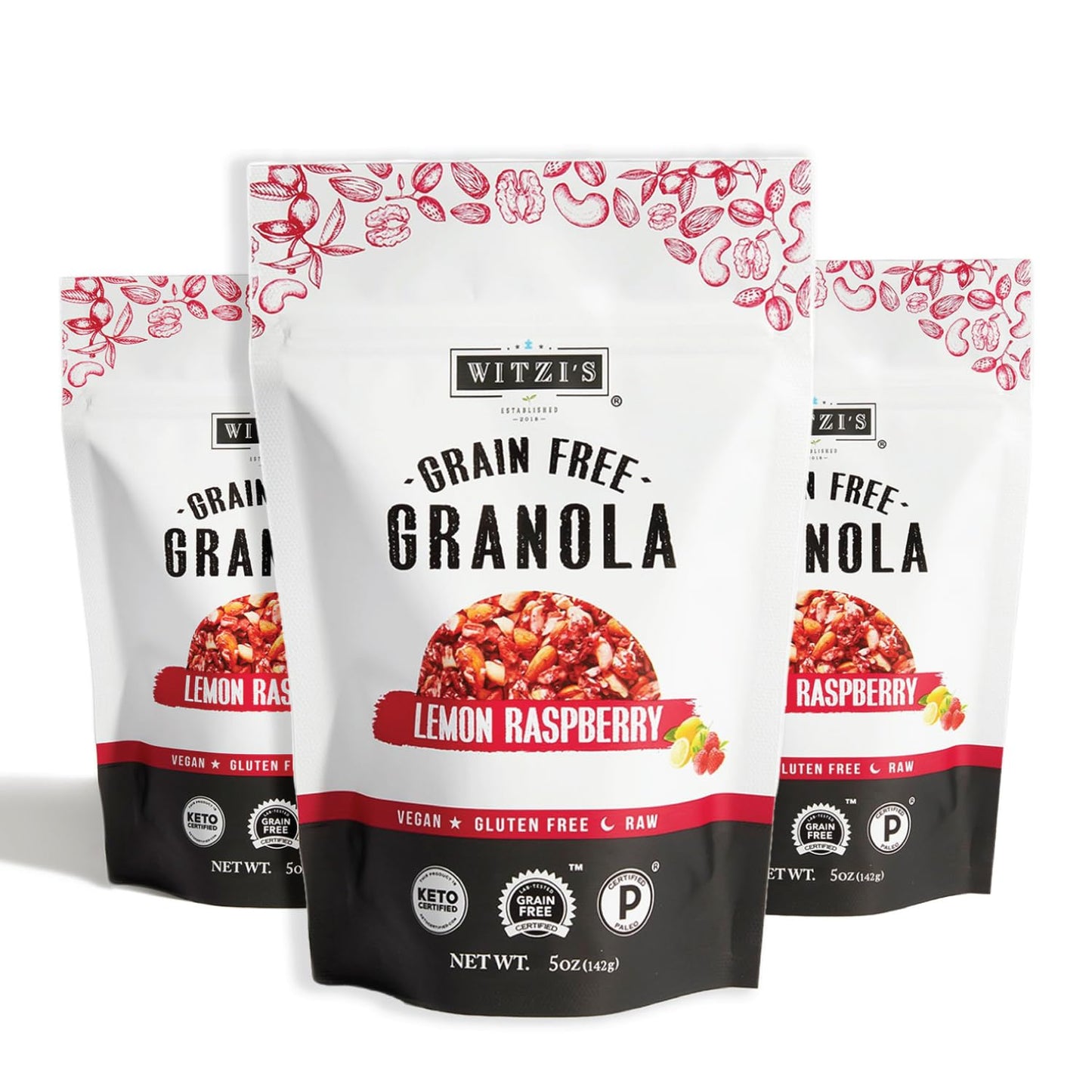 Witzi's Grain Free Granola, Lemon Raspberry, 5oz (Pack of 3), Made with Almonds, Lemons & Raspberries, Vegan, Keto, Gluten Free,
