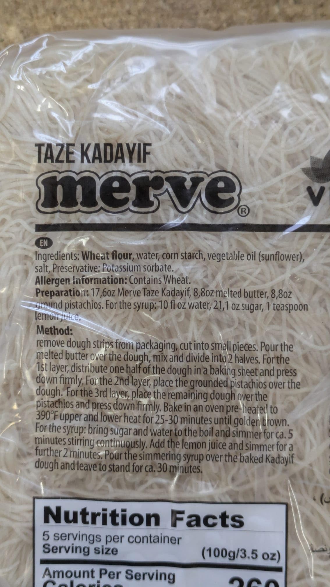 Merve Kataifi Dough - Shredded Fillo (Phyllo) Kataifi Fresh Kadayif Dubai Chocolate Katafi Dessert 500G