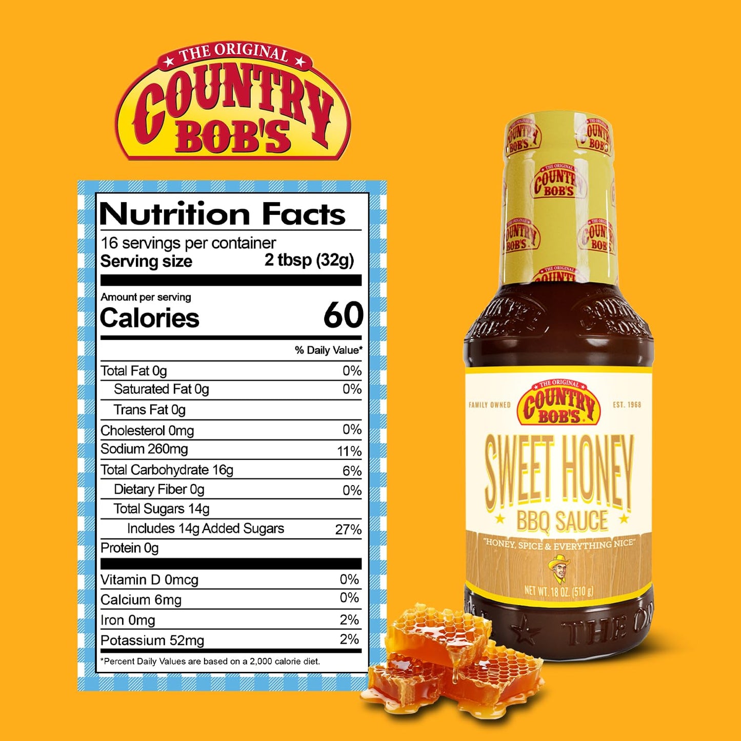 Country Bobs BBQ Sauce - Sweet Honey Barbecue Sauce for Meat, Chicken, Fish & Pork, Gluten Free, 18oz, Pack of 1