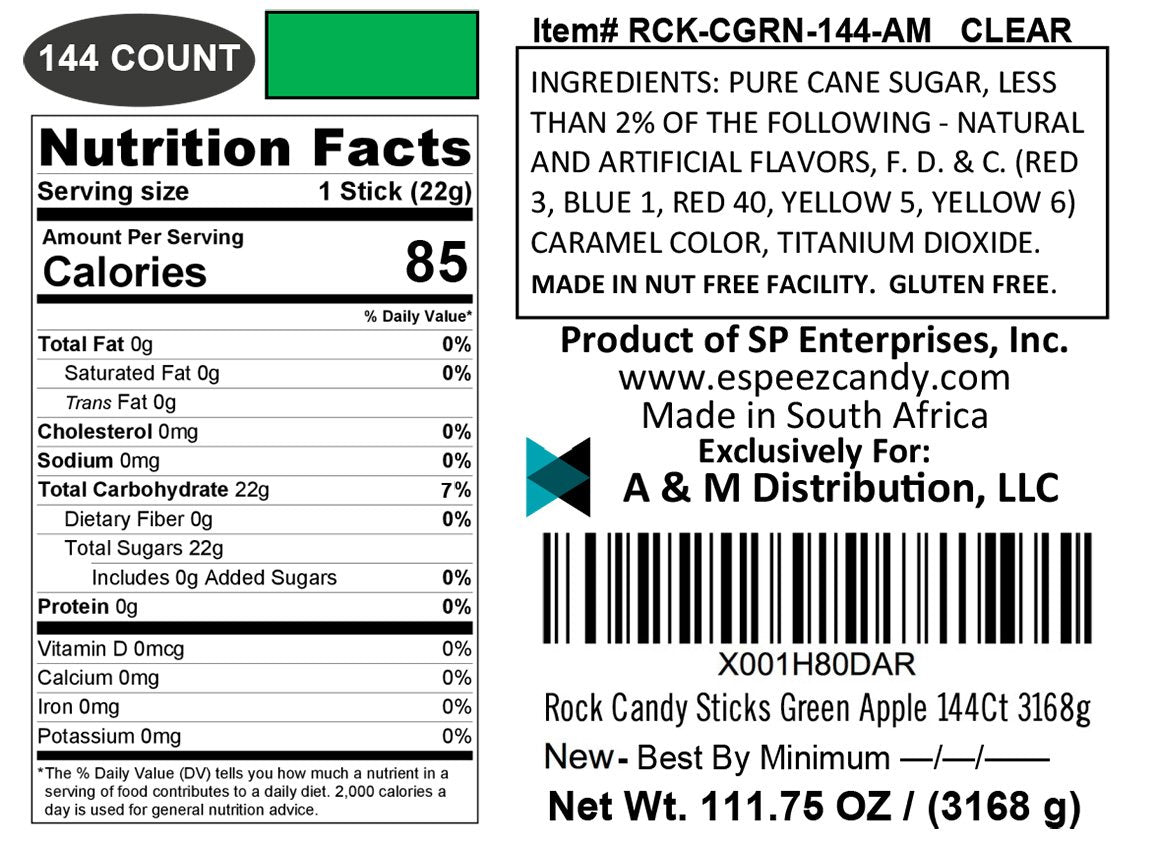 Espeez Extra Large Green Rock Candy Sticks, 144 Count, Individually Wrapped Lollipops for Candy Buffet, Parties, and Celebrations