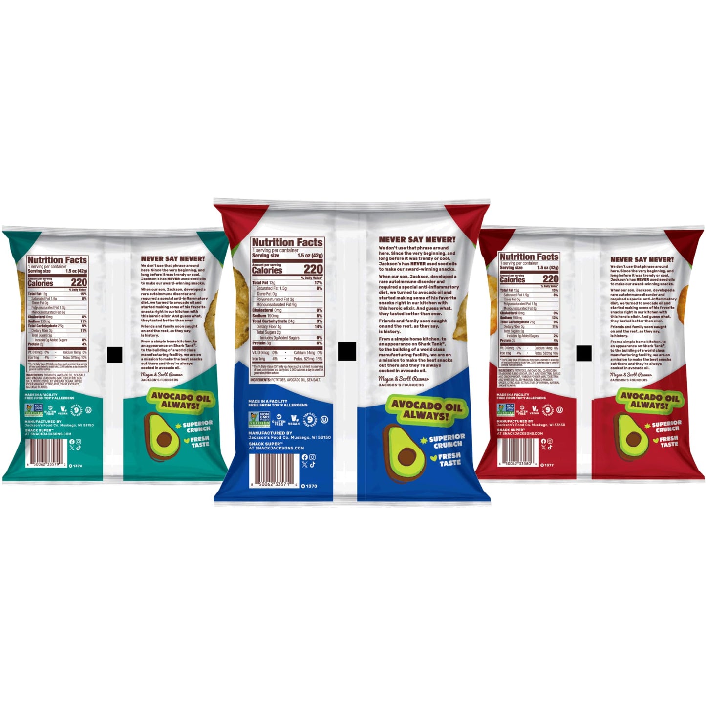 Jacksons Classic Kettle Potato Chips (Variety Pack, 1.5 Oz, Pack Of 18) - Made With Premium Avacado Oil, Sea Salt, Salt & Vinega