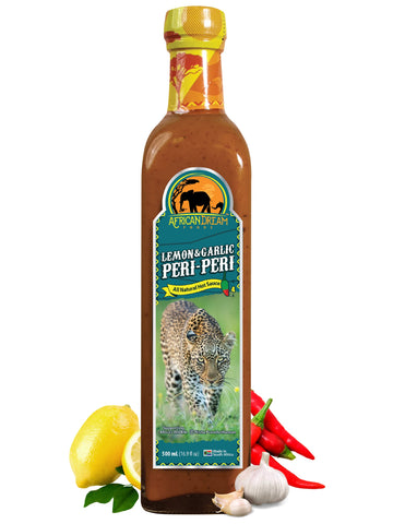 AFRICAN DREAM FOODS Lemon & Garlic Peri-Peri Hot Sauce, All-Natural Sweet and Spicy, 16.9 fl oz, Big Chefs Bottle