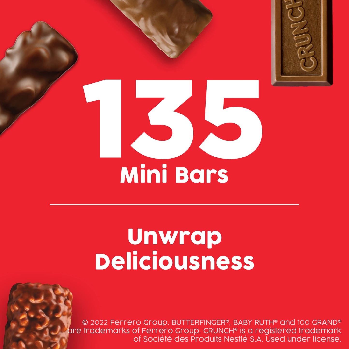 Butterfinger, CRUNCH, Baby Ruth and 100 Grand, 135 Count, Assorted Mini Size Individually Wrapped Candy Bars, Halloween Candy, 5