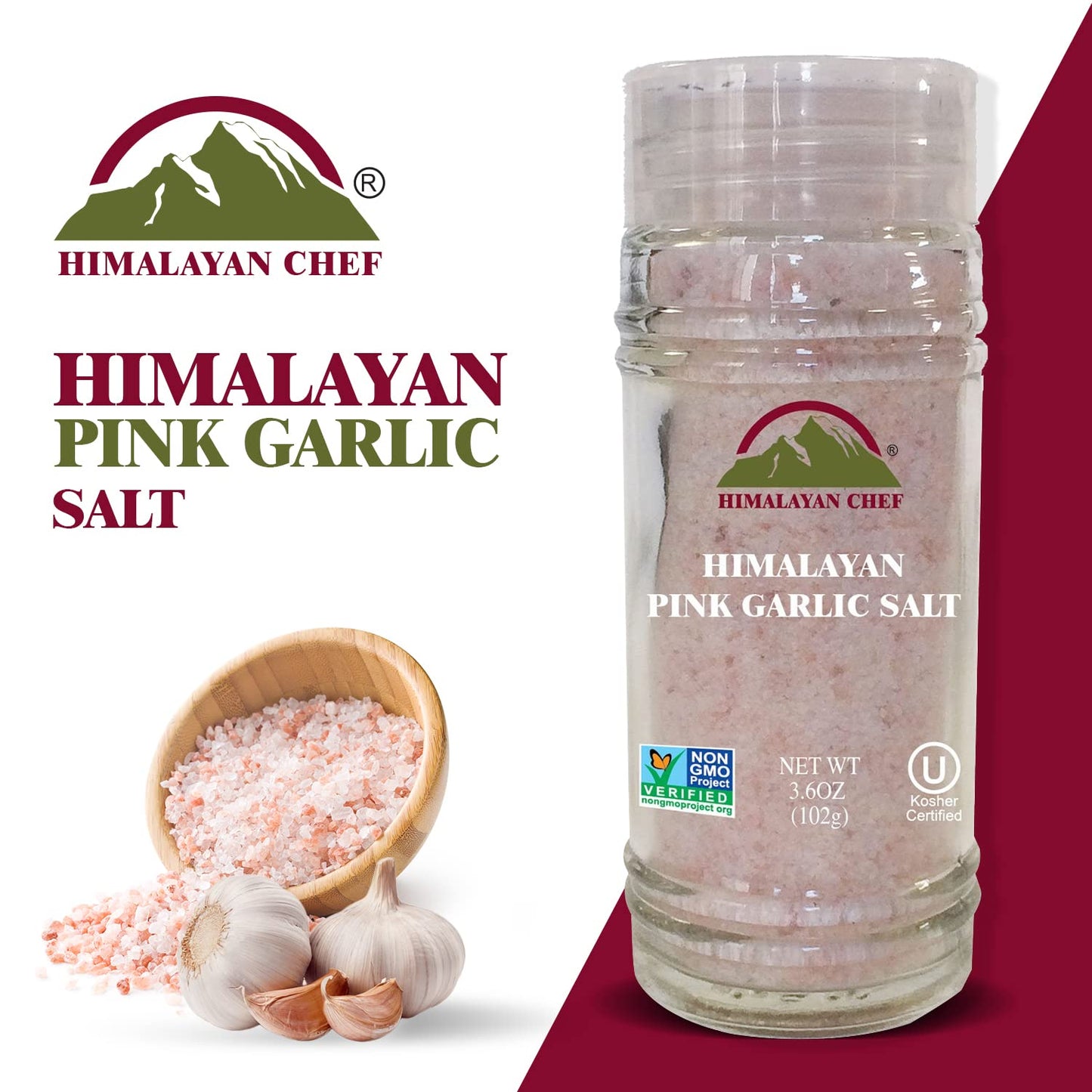 Himalayan Chef Himalayan Pink Garlic Salt, 3.6 Oz Grinder, Natural Seasoning, Clear
