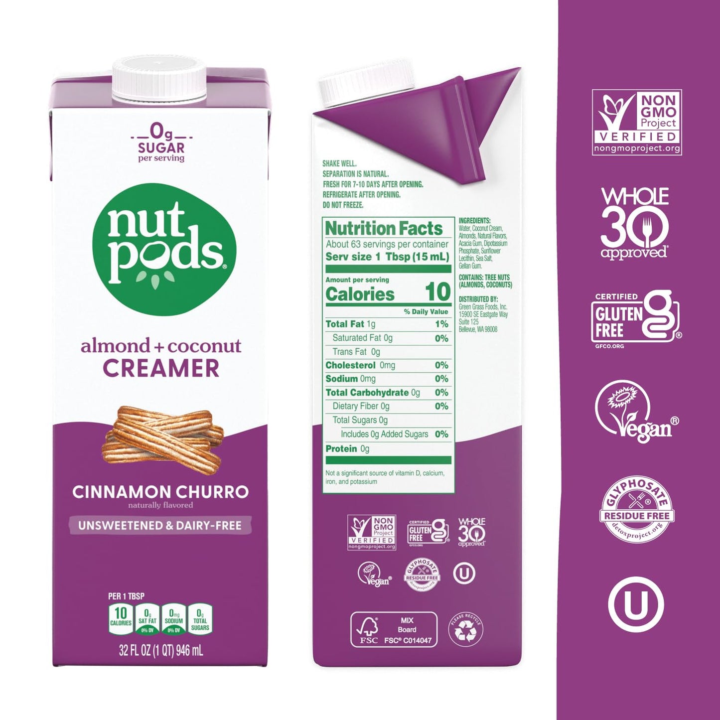 Nutpods Unsweetened Cinnamon Churro Dairy-Free Coffee Creamer - 32Oz 3-Pack
