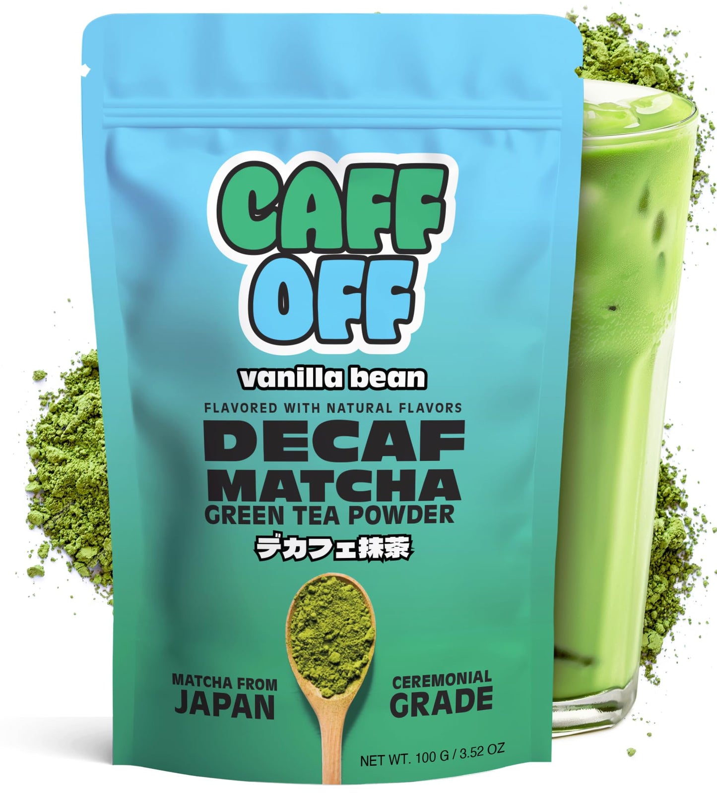 Caff Off Decaf Vanilla Matcha Green Tea Powder – Ceremonial Grade, Sugar-Free, 100 g – Naturally Decaffeinated, Heavy Metals Tested