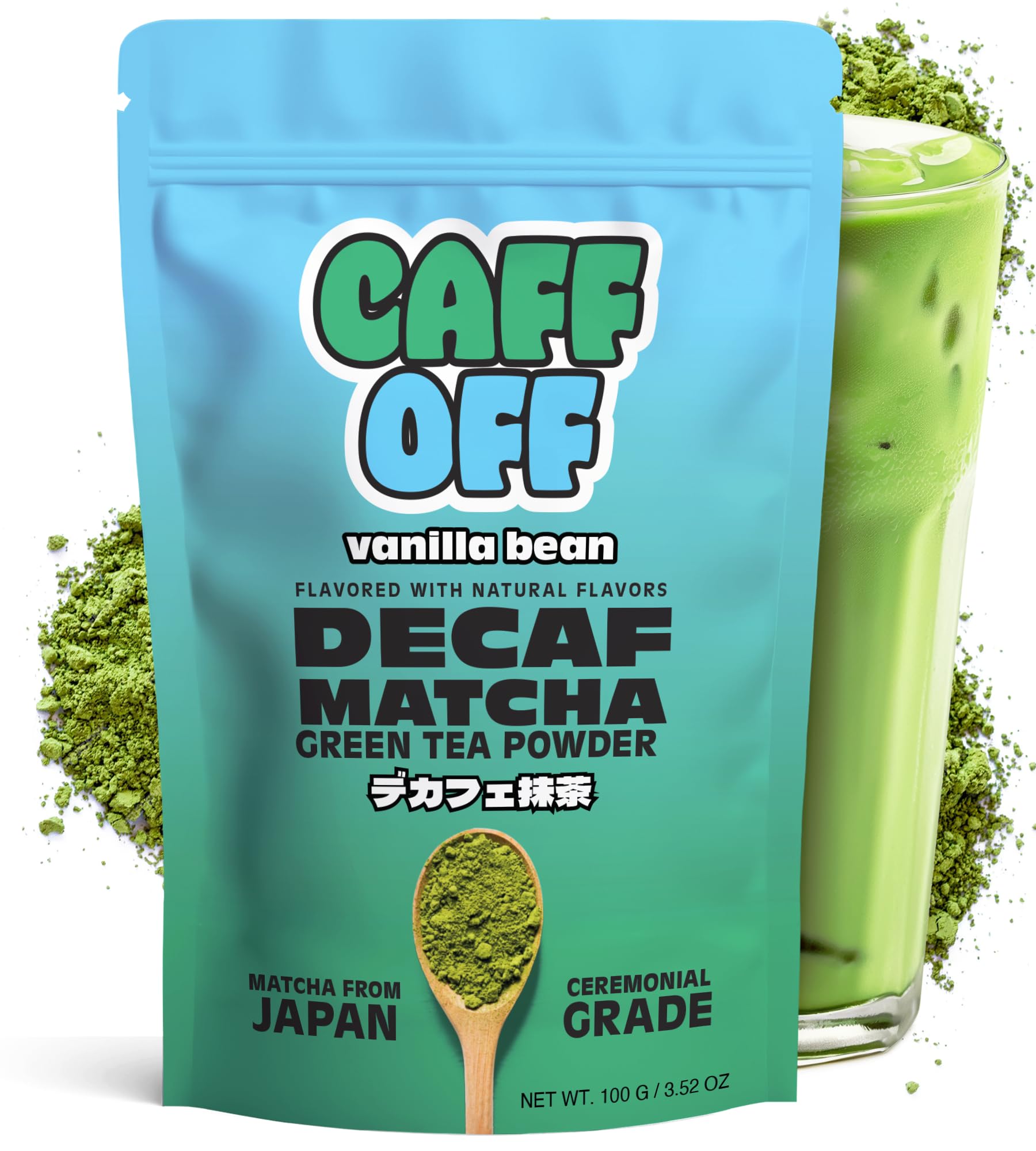 Caff Off Decaf Vanilla Matcha Green Tea Powder – Ceremonial Grade, Sugar-Free, 100 g – Naturally Decaffeinated, Heavy Metals Tested