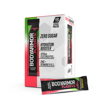 BODYARMOR Flash IV Electrolyte Packets, Strawberry Kiwi Drink Mix, Zero Sugar, 15 Servings, Red