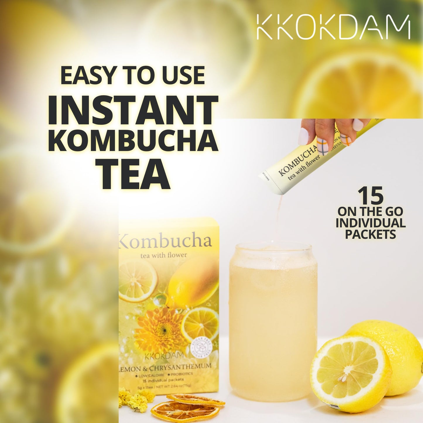 Kkokdam Kombucha Tea - Grapefruit & Hibiscus Korean Tea - Kombucha Drinks Probiotic Support, Low Calorie, Sugar Free Drink Pack