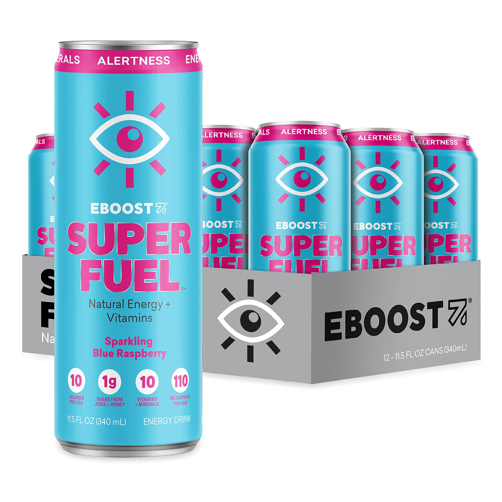 Eboost Super Fuel Natural Energy + Vitamins Ready To Drink Sparkling Energy Drink, Blue Raspberry, No Artificial Colors Or Flavo