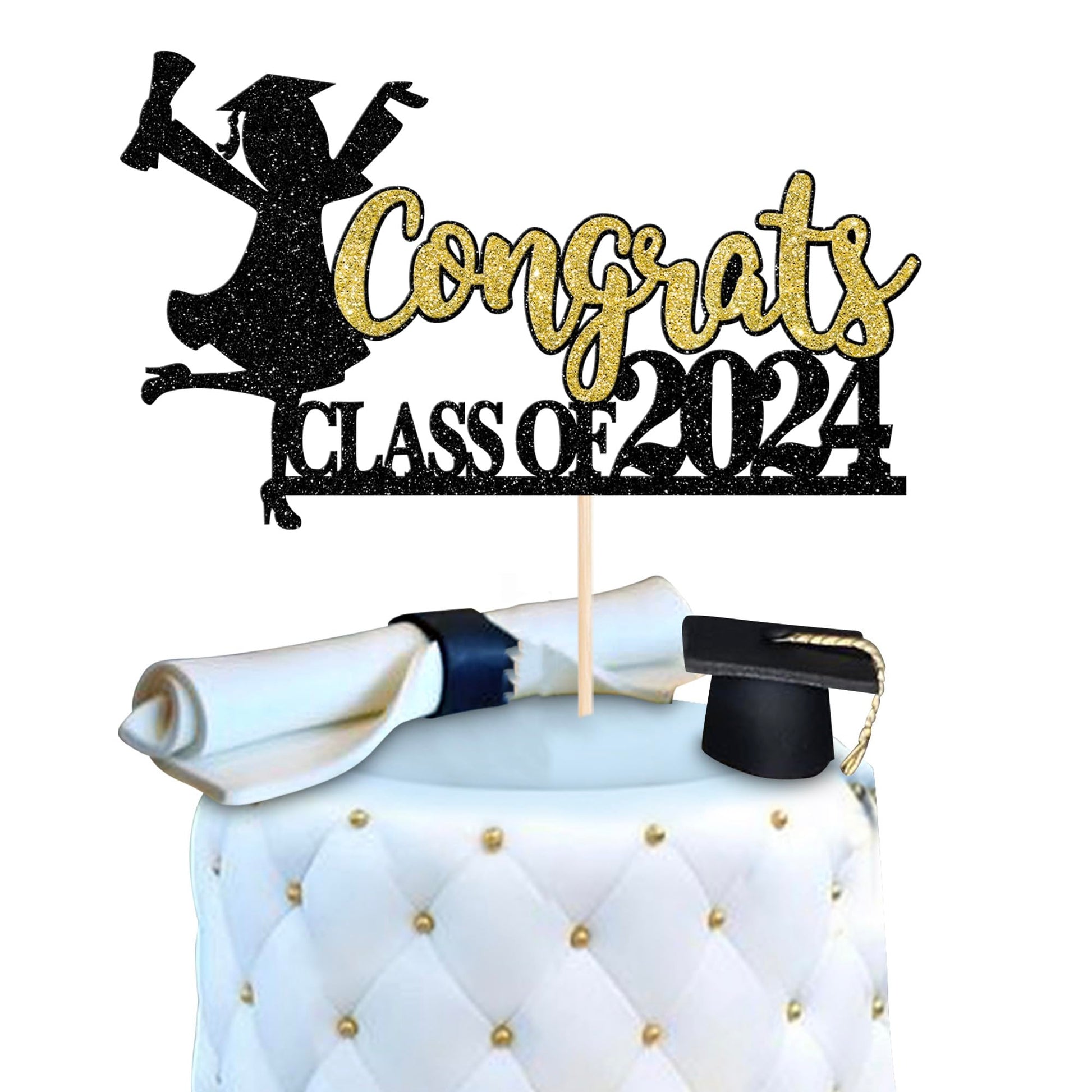 YCTHUNFISH Graduation Cake Toppers, Glitter 2025, 6.0 x 3.6, Gold & Black, Class of 2025 Decorations for High School Girls