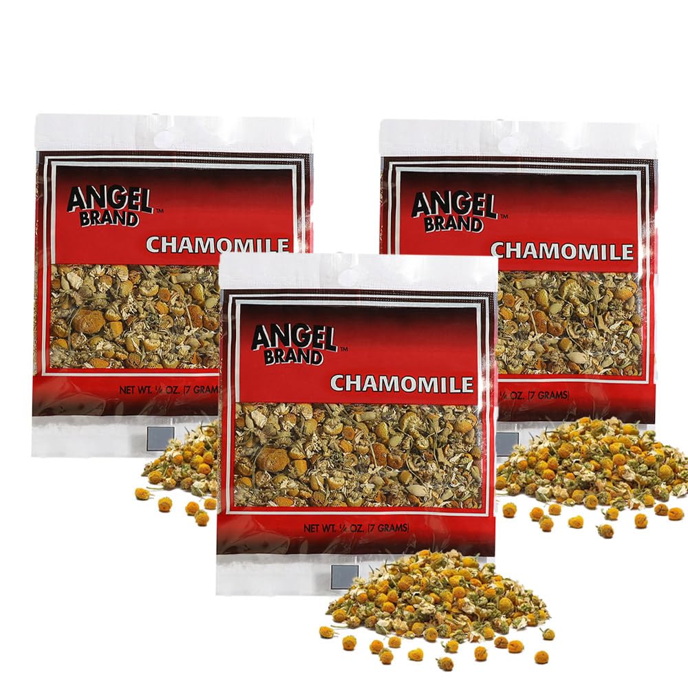 Angel Brand Dried Chamomile Flowers - 0.25 oz Pouch Pack of 3 - Premium Chamomile Flowers for Tea and Herbal Infusions.