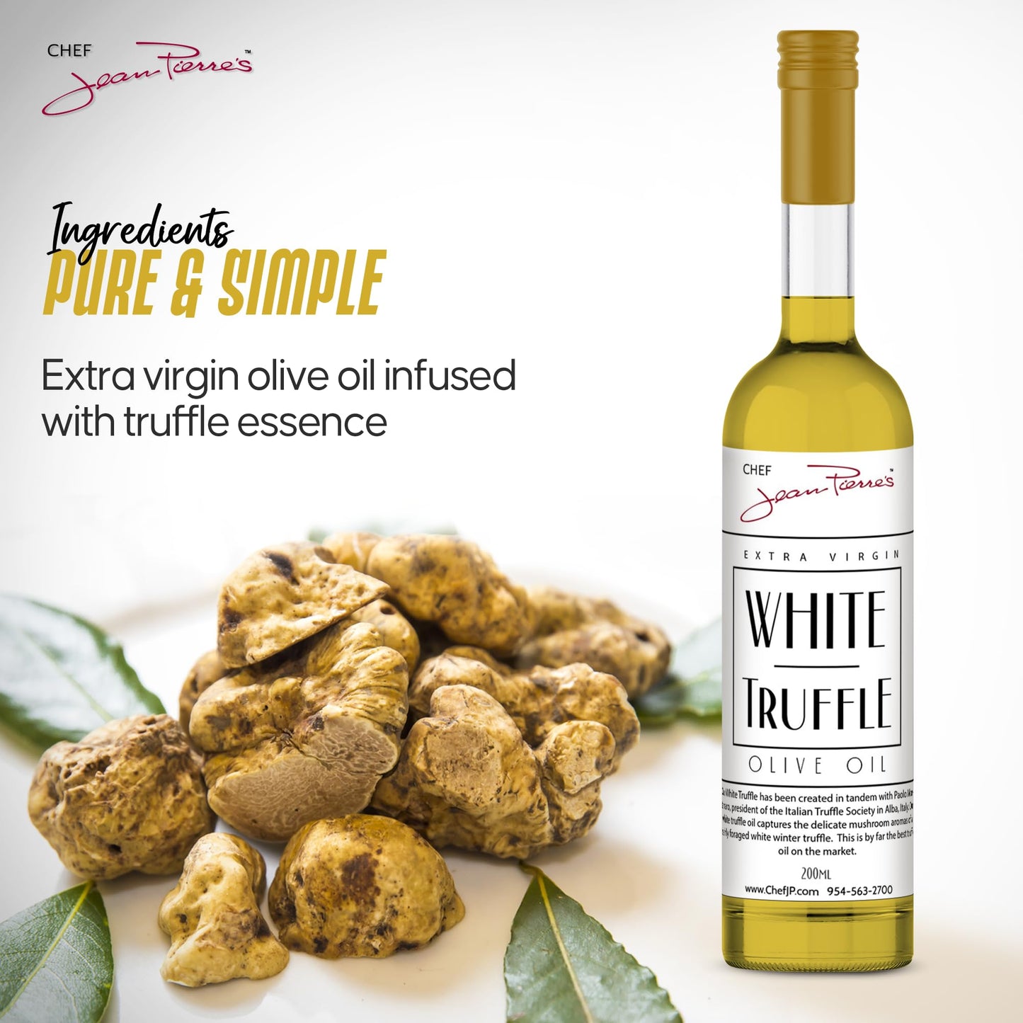Chef Jean Pierre's Extra Virgin White Truffle Olive Oil, 200ml (7oz) Glass Bottle - Naturally Infused Flavor