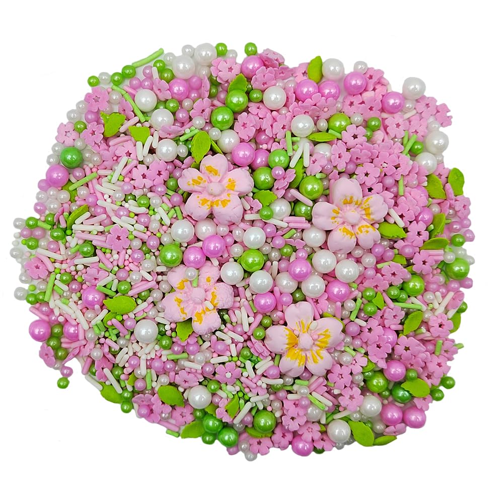 Eastron Pink Flowers Sprinkles Edible Flowers for Cake Decorating White Pink Sugar Pearls Spring Confetti Sprinkles for Cupcakes