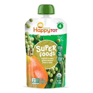 Happy Tot Organics Stage 4 Baby Food Pouches, Gluten Free, Vegan Snack, Superfoods Fruit & Veggie Puree, Pears, Peas, Green Bean