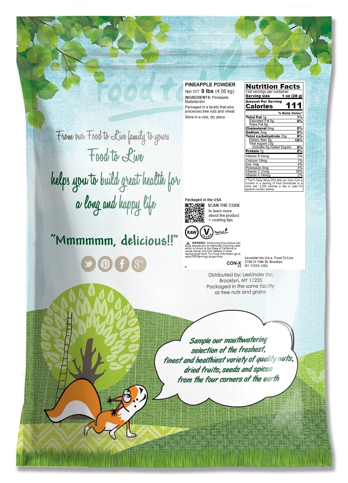 Food To Live - Pineapple Powder, 9 Pounds - Made From Raw Dried Fruit, Unsulfured, Vegan, Great For Baking, Juices, Smoothies, Y