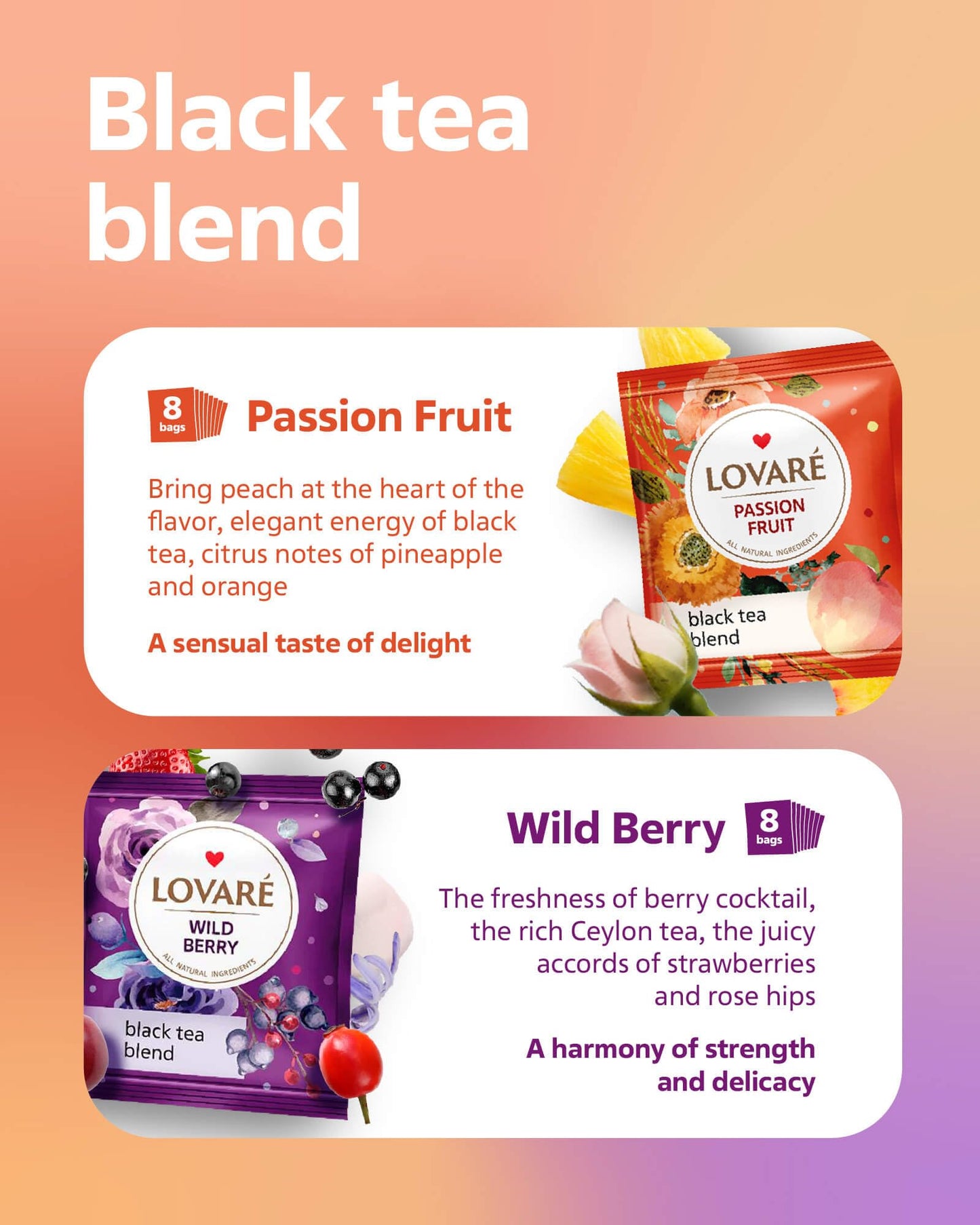 LOVARE Assorted Black Tea Bags Variety Pack - 32 Count - Gluten Free - 1001 Night, Passion Fruit, Champagne Splashes, Wild Berry