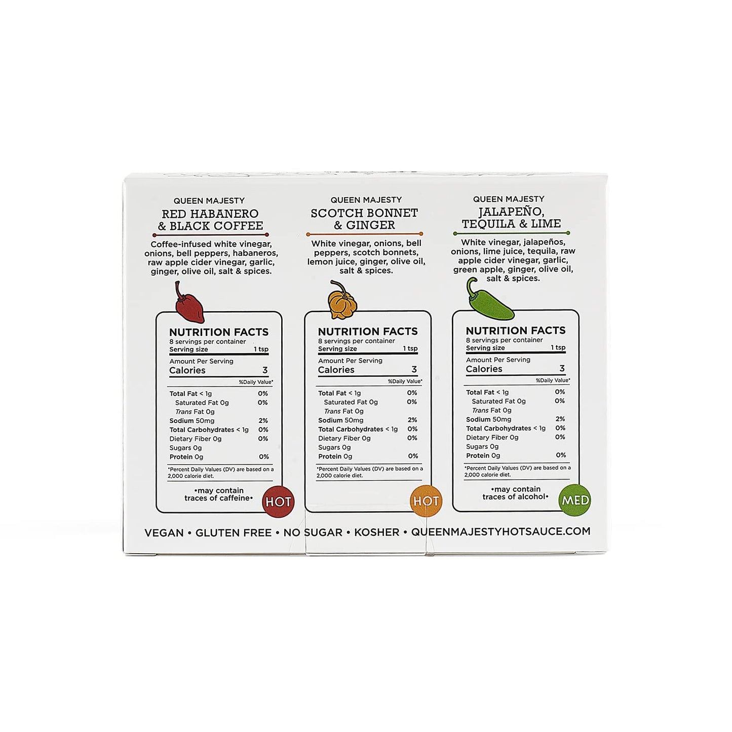 Queen Majesty Hot Sauce Sampler - Mini 2 oz (Pack of 3) - Jalapeño, Scotch Bonnet, Red Habanero - All Natural, Vegan, Gluten Free