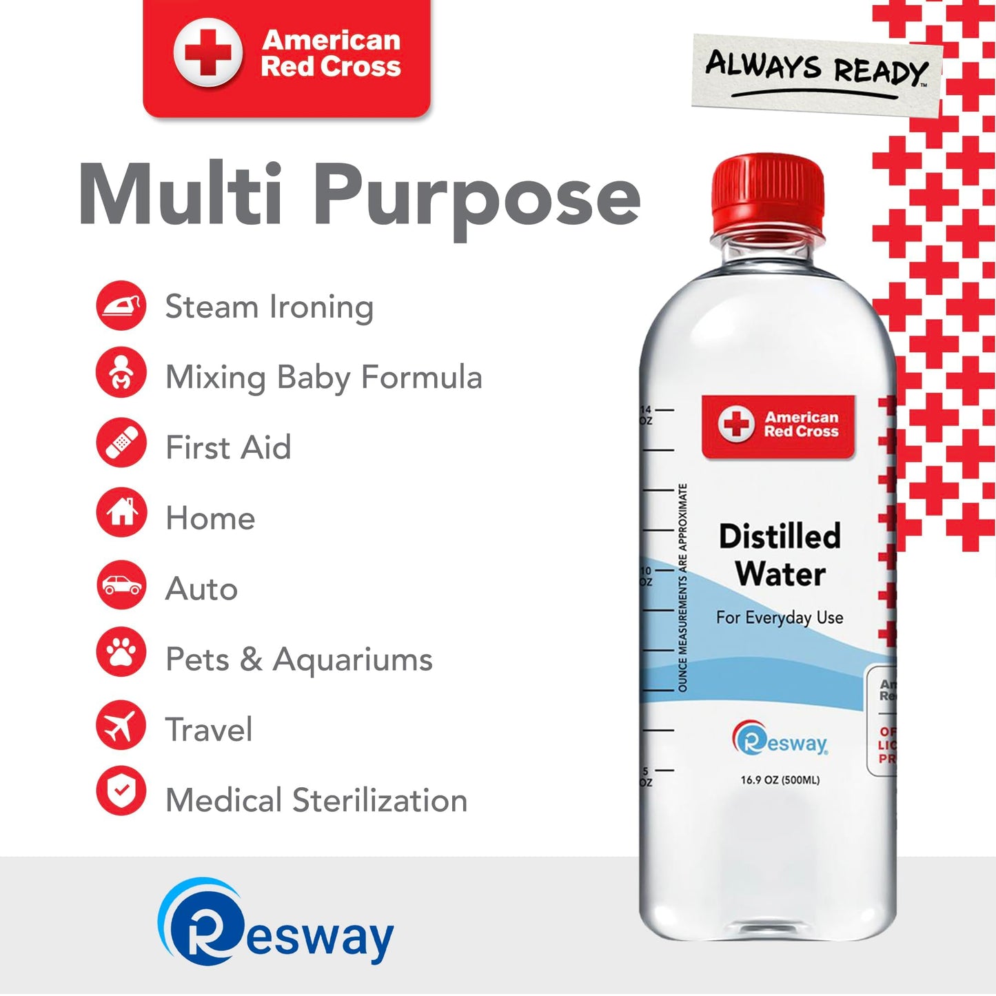 Resway Distilled Water 16.9 fl. oz. - Purified for Drinking, Baby Formula, Nutrition, Aquarium Care - 24 Pack