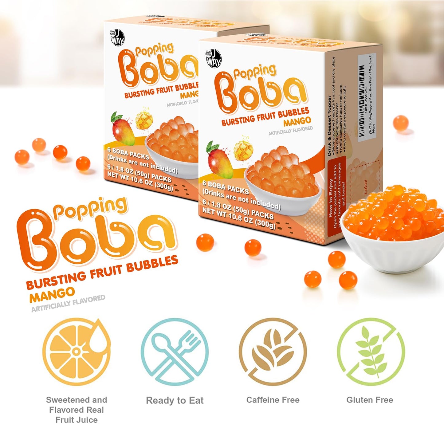 J Way Bursting Popping Mango Boba Pearls, Mango Syrup, Non-Dairy, Fat-Free Popping Tapioca Boba For Beverages, Sweets, Ice Cream