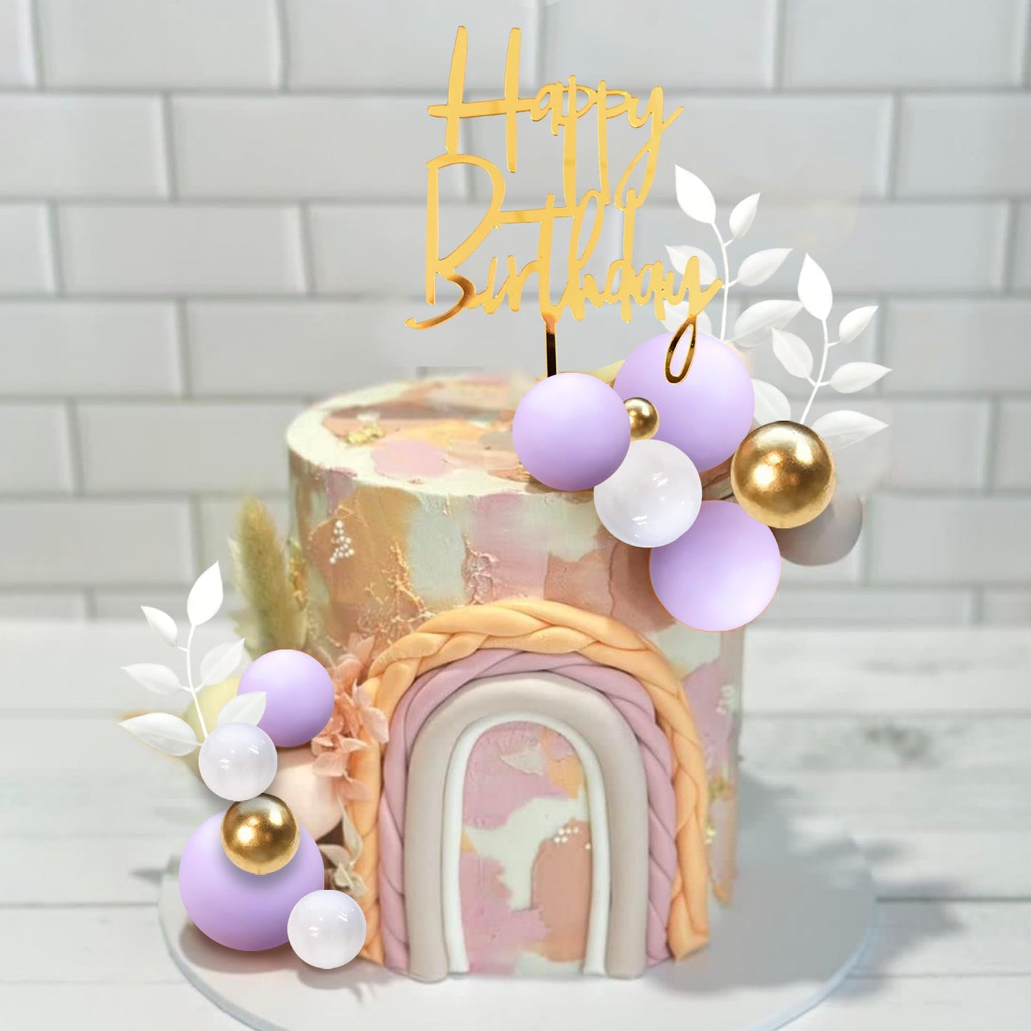 Purple Balls Cake Topper Boho Grass Cake Topper Purple White Gold Pearl Balls Happy Birthday Cake Decorations For Wedding Baby S