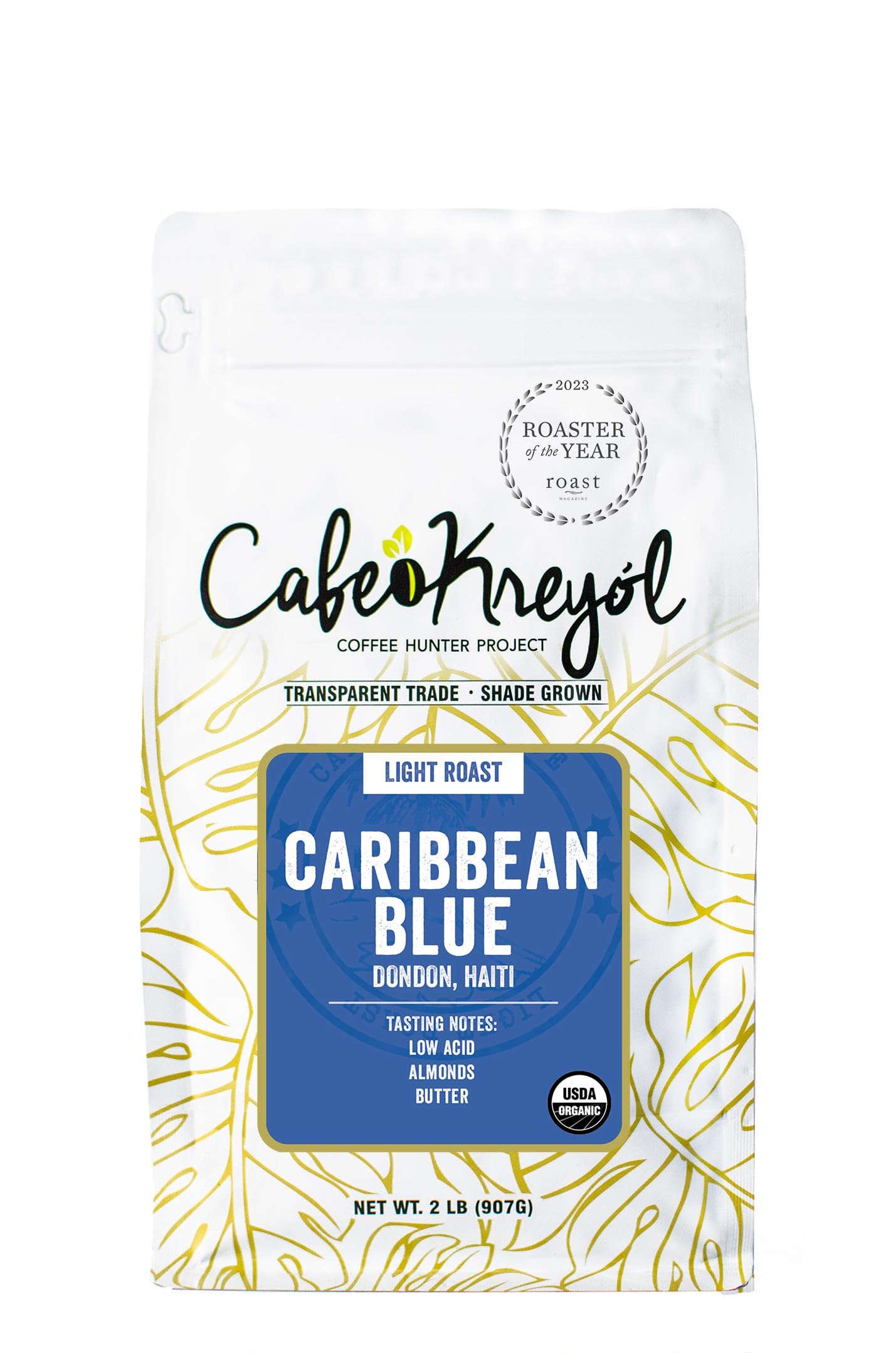 Cafe Kreyol Organic Caribbean Blue | 2 Lb - Haitian Blue Light Roast Coffee - Whole Bean Coffee, High Caffeine - Smooth Low Acid With Notes Of Almond And Walnut