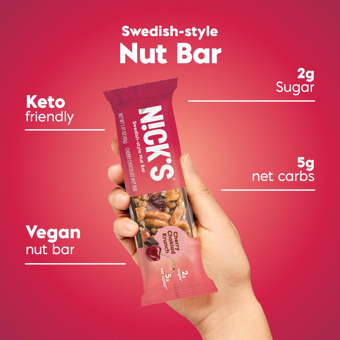 N!CKS Nut Snack Bars - Low Sugar, 3g Net Carbs, Vegan - Cherry Chocolate, Pack of 12
