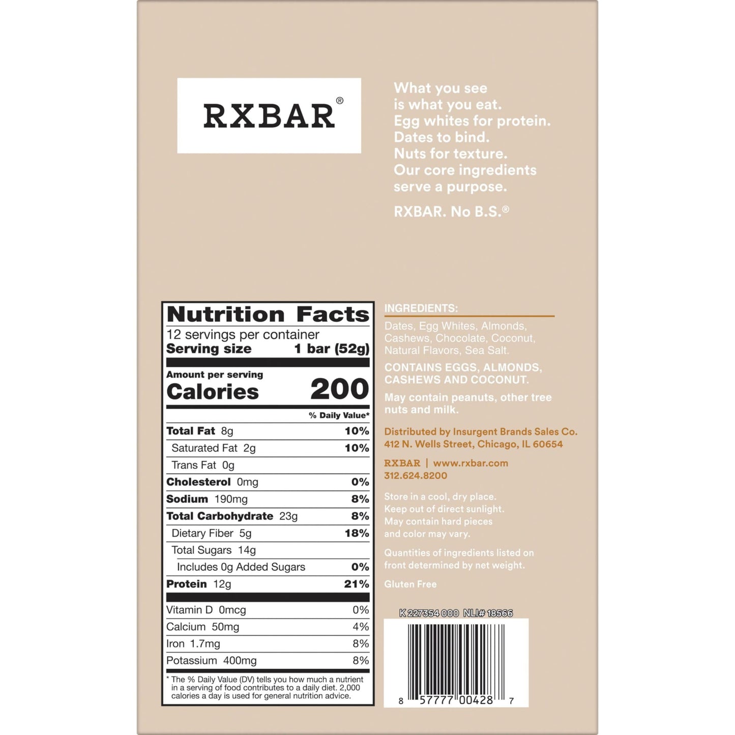 Rxbar Protein Bars, Protein Snack, Snack Bars, Coconut Chocolate, 22Oz Box (12 Bars)
