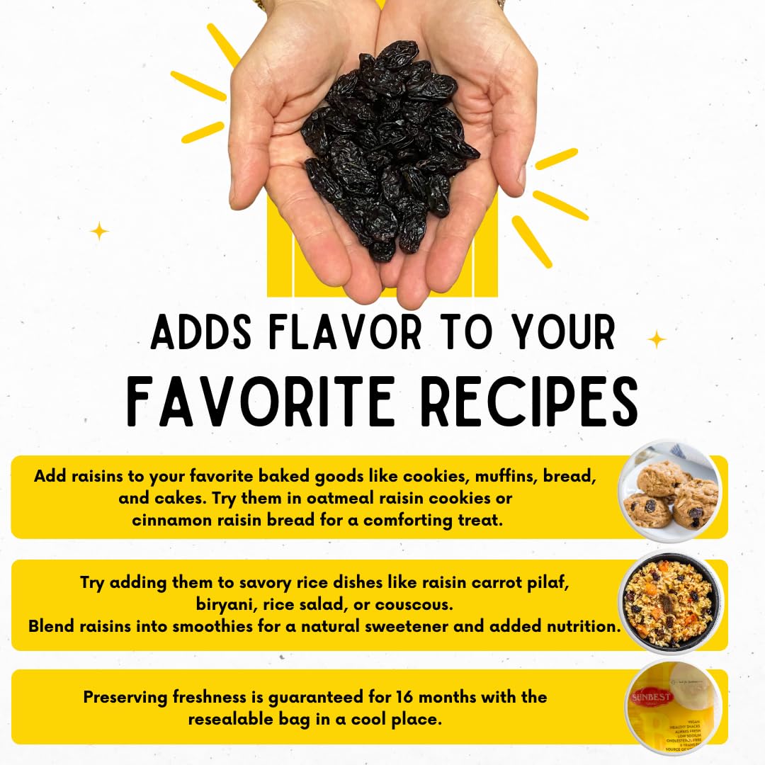Sunbest Natural Jumbo Raisins Black 48 Oz (3 Lbs) - Plump & Juicy, Rich In Healthful Nutrients & Dietary Fiber - Resealable Bag - Ideal For Snacking, Cooking & Baking - Long Lasting Freshness