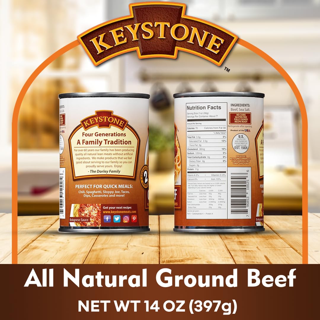 Keystone All Natural Ground Beef 14 Ounce Long Term Emergency Survival Food Canned Meat | Fully Cooked Ready To Eat | Gluten Free Family Pack Of 4