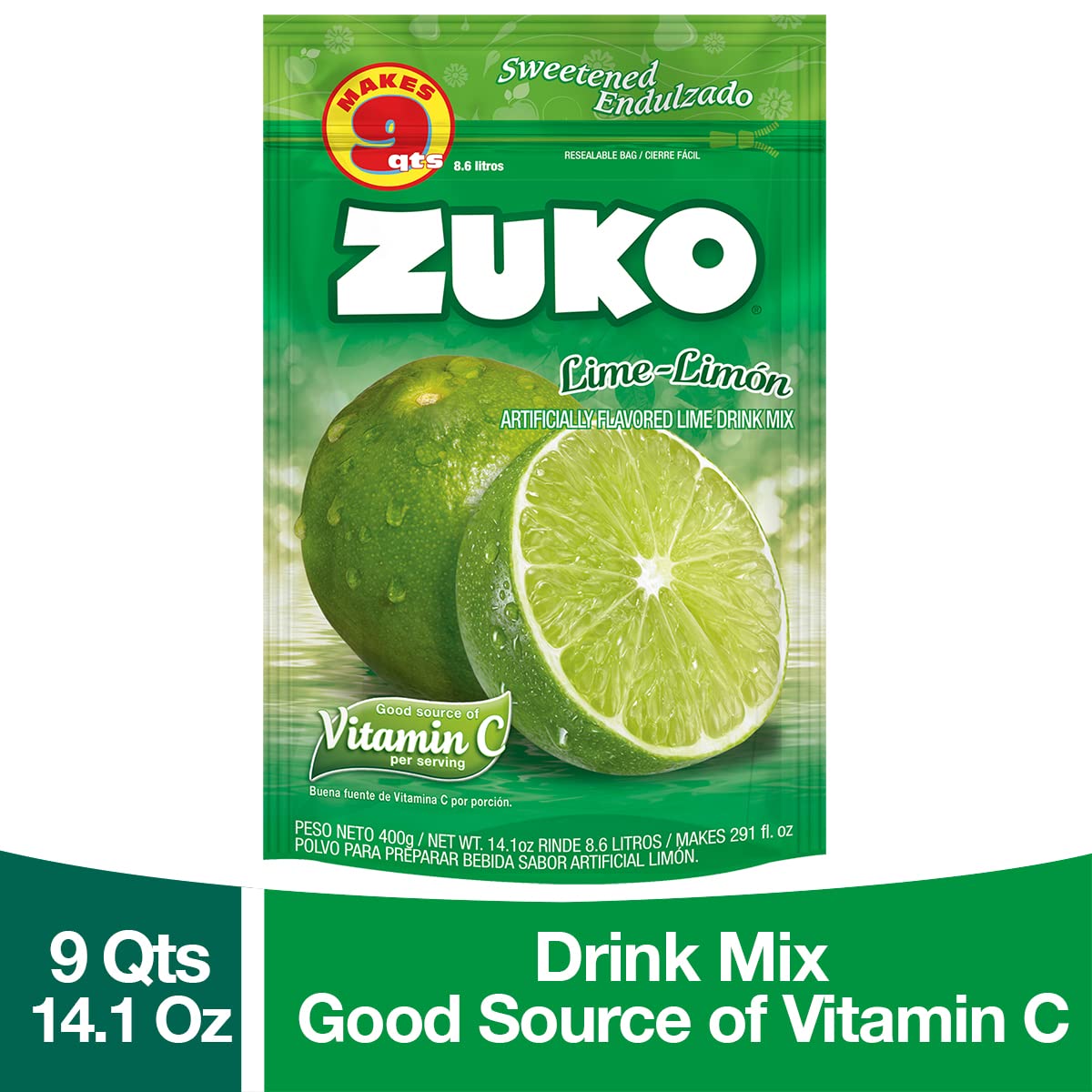 Zuko Lime Instant Powder Drink | Family Pack | No Sugar Needed | Vitamin C | 14.1 Ounce (Pack of 2)