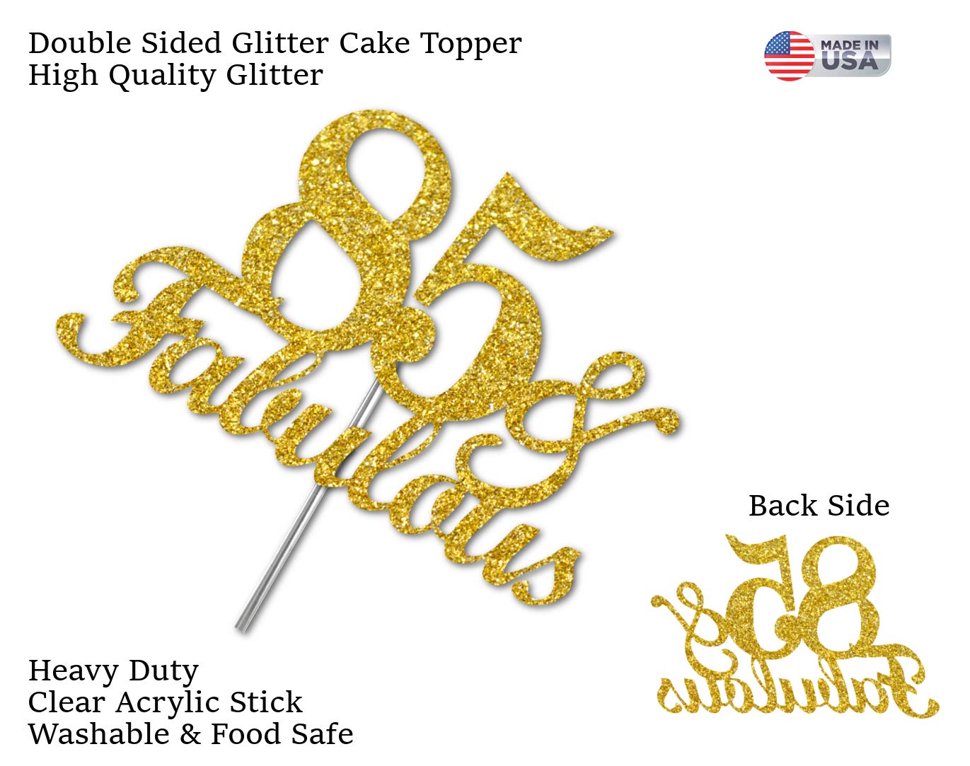 RokAPary 85 & Fabulous Cake Topper, Gold Glitter, Sturdy Acrylic Stick, 85th Birthday Decoration