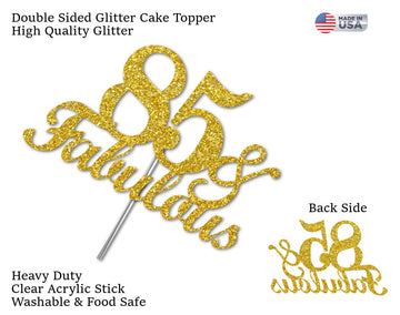 RokAPary 85 & Fabulous Cake Topper, Gold Glitter, Sturdy Acrylic Stick, 85th Birthday Decoration