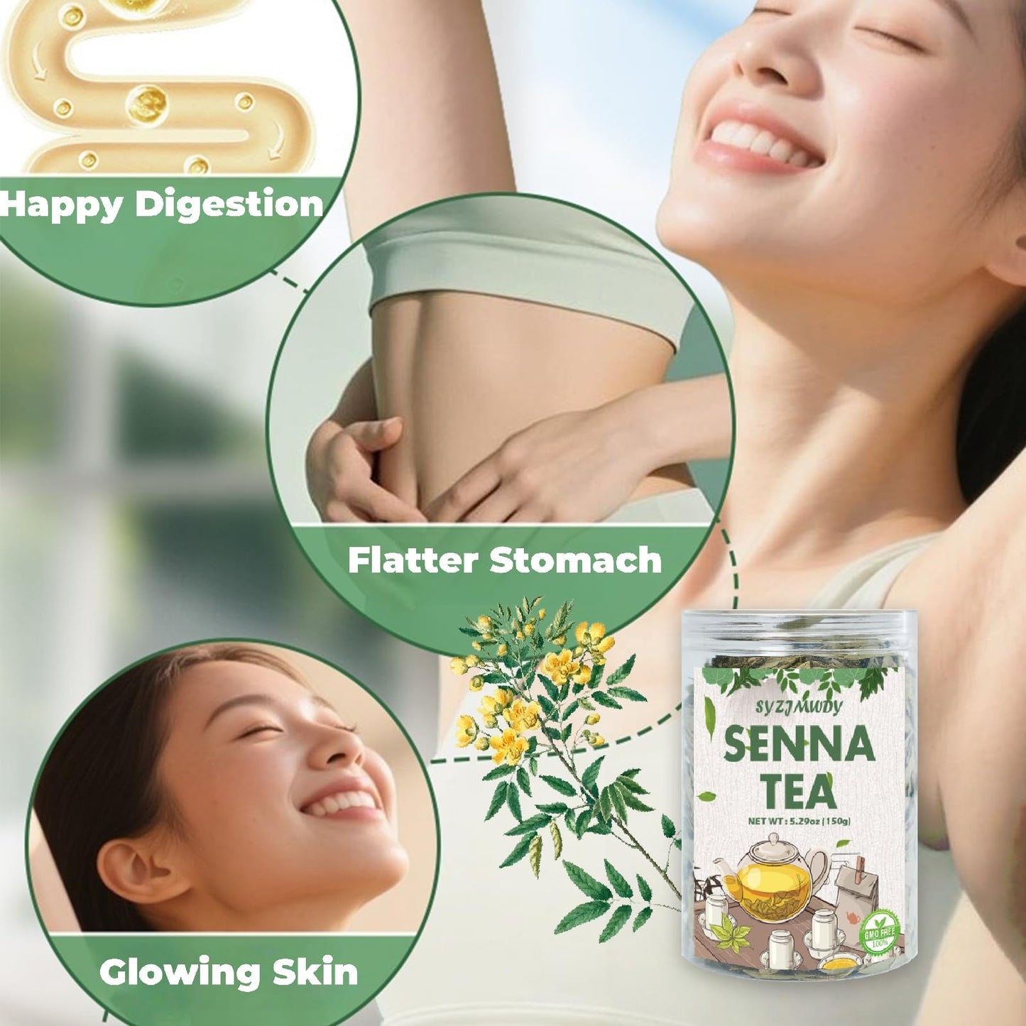 SYZJMWDY Premium Senna Leaf Tea - Cut & Sifted, 5.29oz Bottle, No Additives, Ideal for Hot or Iced Tea, 3-5 mins