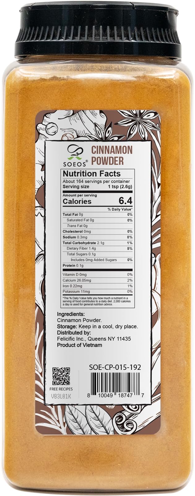 Soeos Cinnamon Powder, Cinnamon, Ground Cinnamon, Cinnamon Sticks, 100% Raw, Non-GMO, Kosher Certified, Cinnamon Seasoning Spice