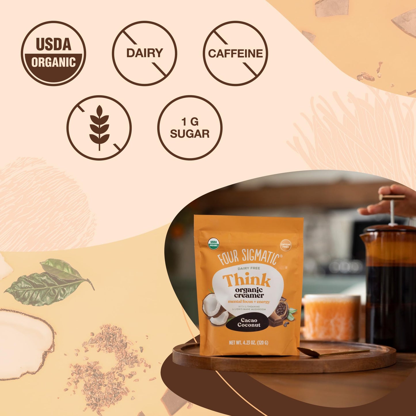 Think Cacao Coconut Coffee Creamer By Four Sigmatic | Chocolate Organic Coffee Creamer With Lions Mane And L-Theanine | Powdered
