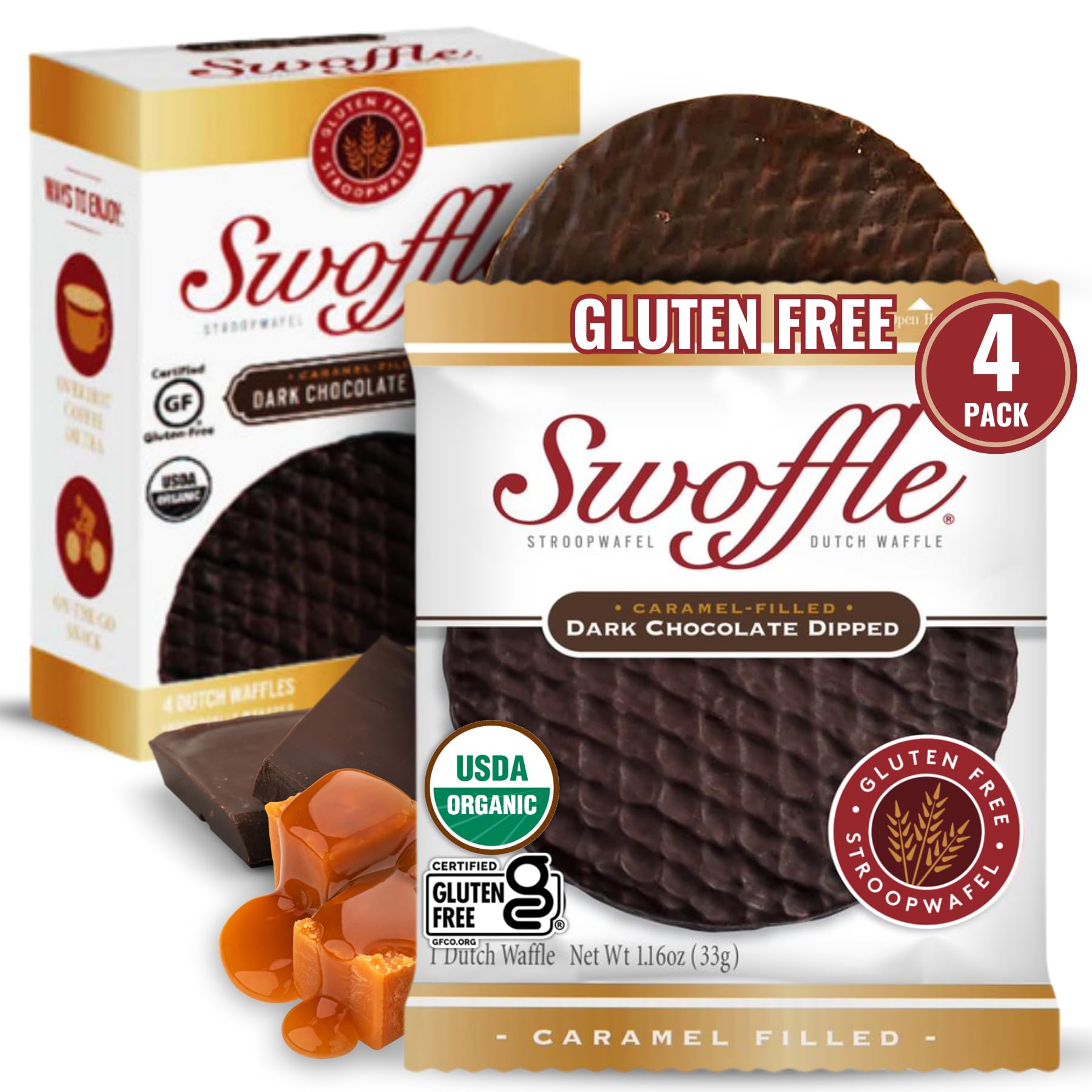 Chocolate Dipped Stroopwafels by Swoffle - LIMITED RELEASE - Certified Organic, Gluten Free Stroopwafels in Dark Chocolate Coati